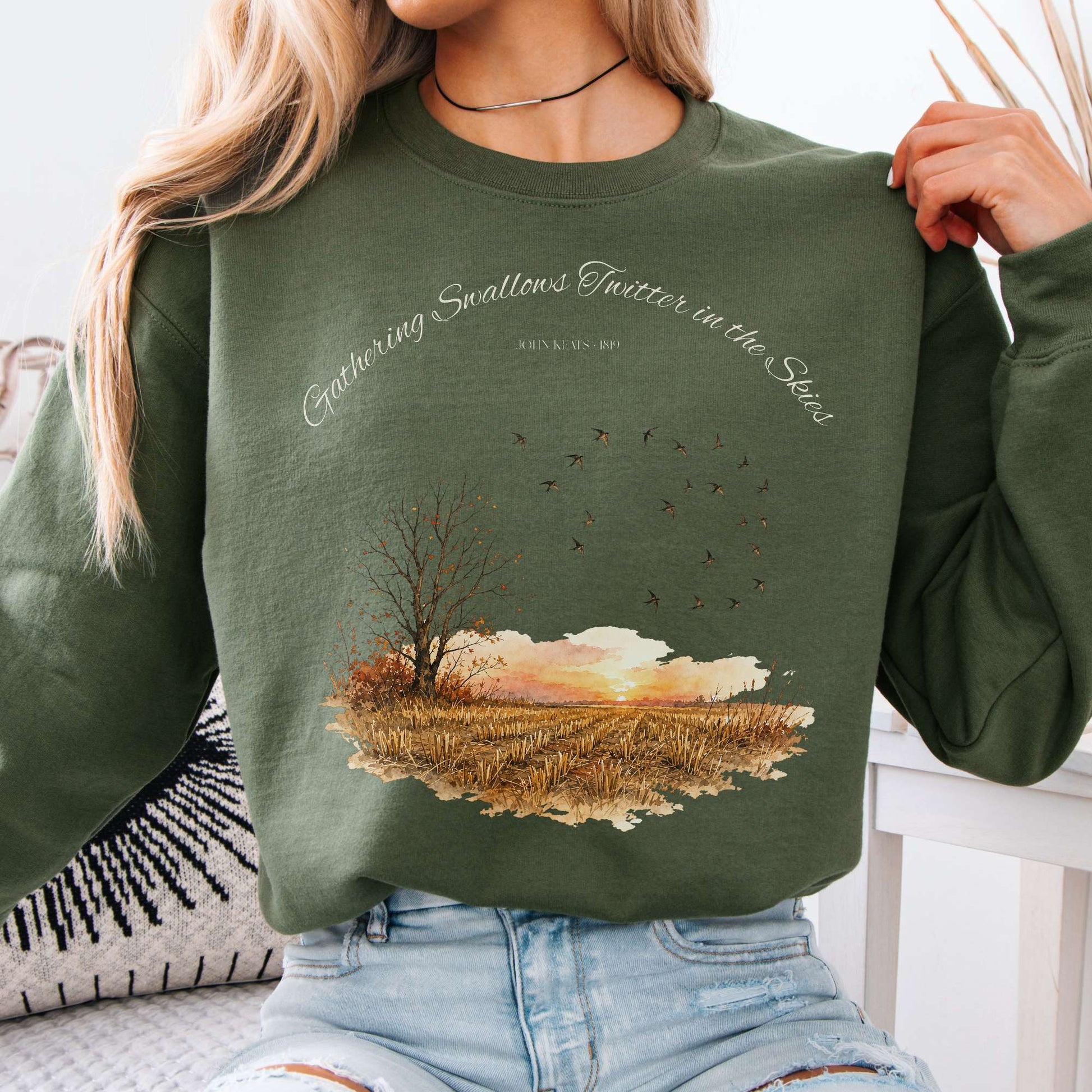Sweatshirt Military Green / S Gathering Swallows Twitter in the Skies John Keats Literary Crewneck Sweatshirt The Mystic Eden