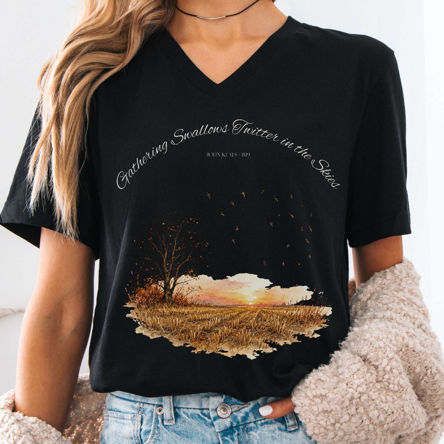 V-neck Black / S Gathering Swallows Twitter in the Skies John Keats Literary V-Neck The Mystic Eden