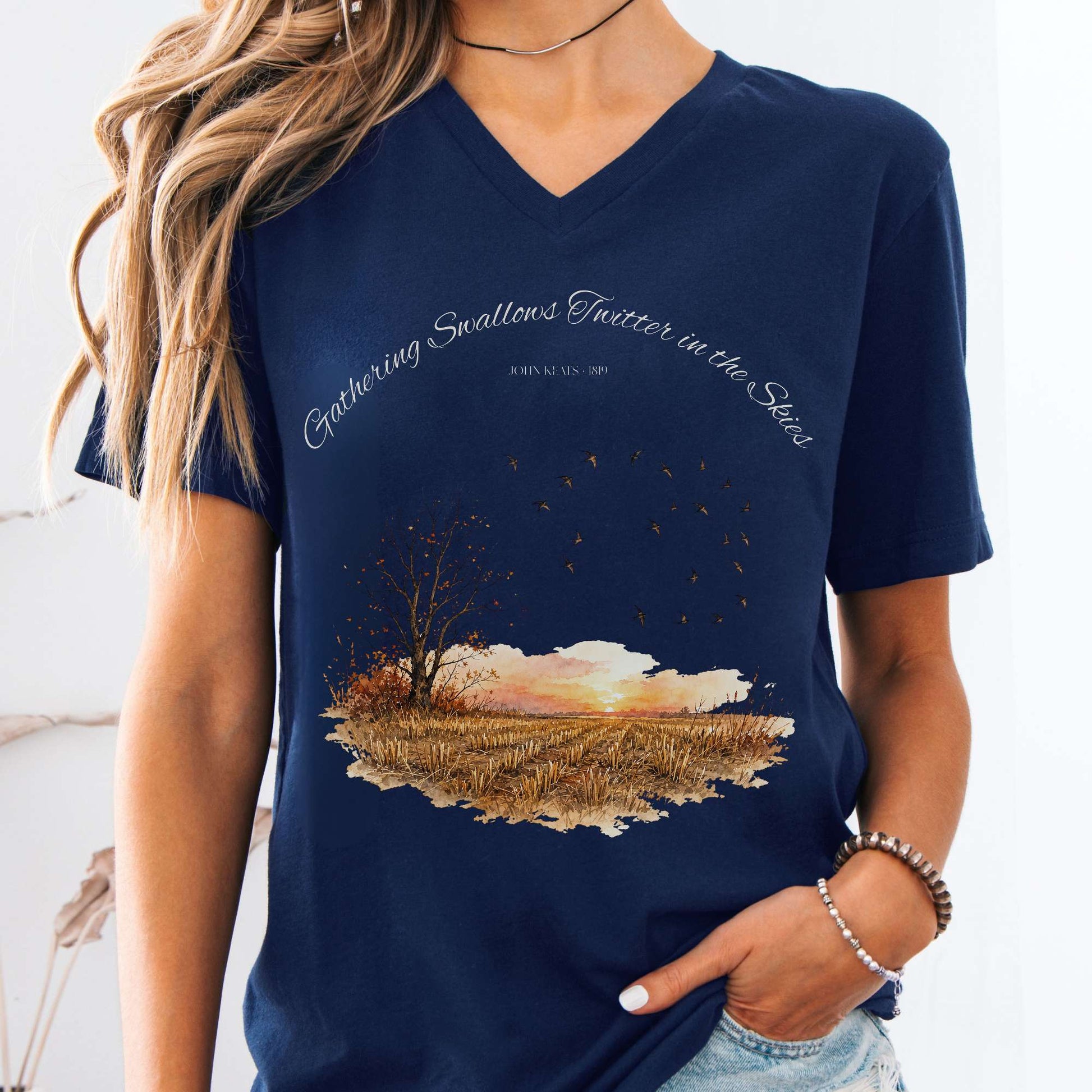 V-neck Navy / S Gathering Swallows Twitter in the Skies John Keats Literary V-Neck The Mystic Eden