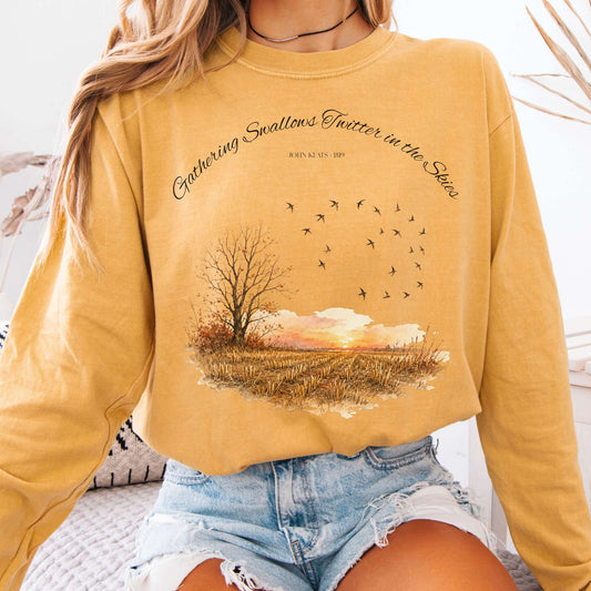 Long-sleeve Mustard / S Gathering Swallows Twitter in the Skies John Keats Literary Long Sleeve The Mystic Eden