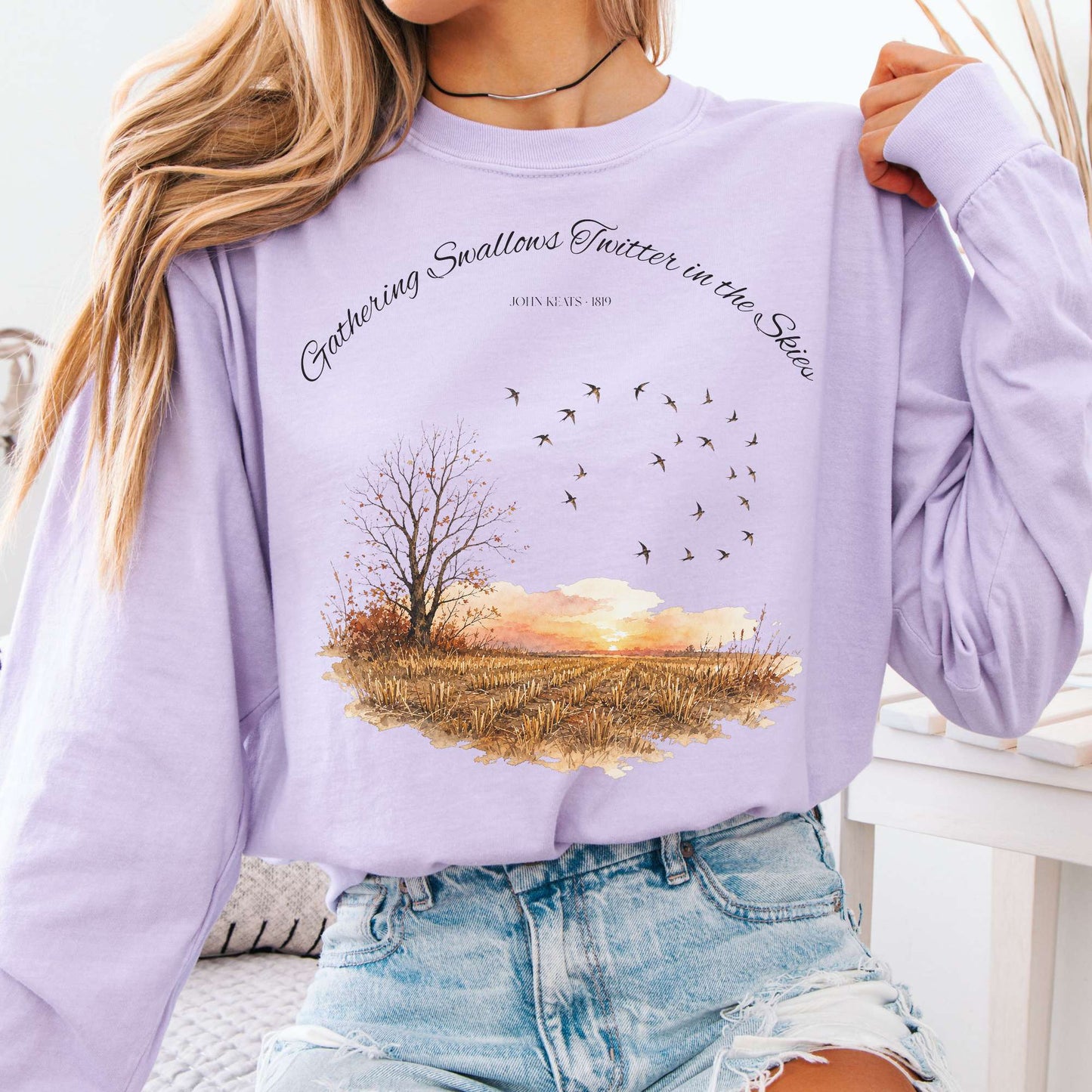 Long-sleeve Orchid / S Gathering Swallows Twitter in the Skies John Keats Literary Long Sleeve The Mystic Eden
