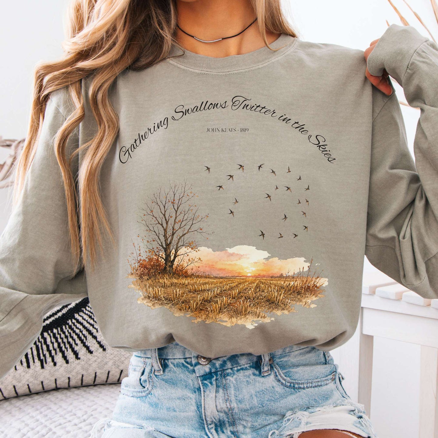 Long-sleeve Sandstone / S Gathering Swallows Twitter in the Skies John Keats Literary Long Sleeve The Mystic Eden