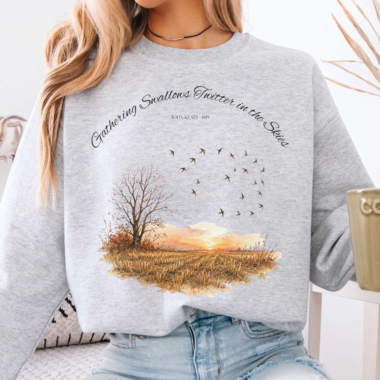 Sweatshirt Ash / S Gathering Swallows Twitter in the Skies John Keats Literary Crewneck Sweatshirt The Mystic Eden