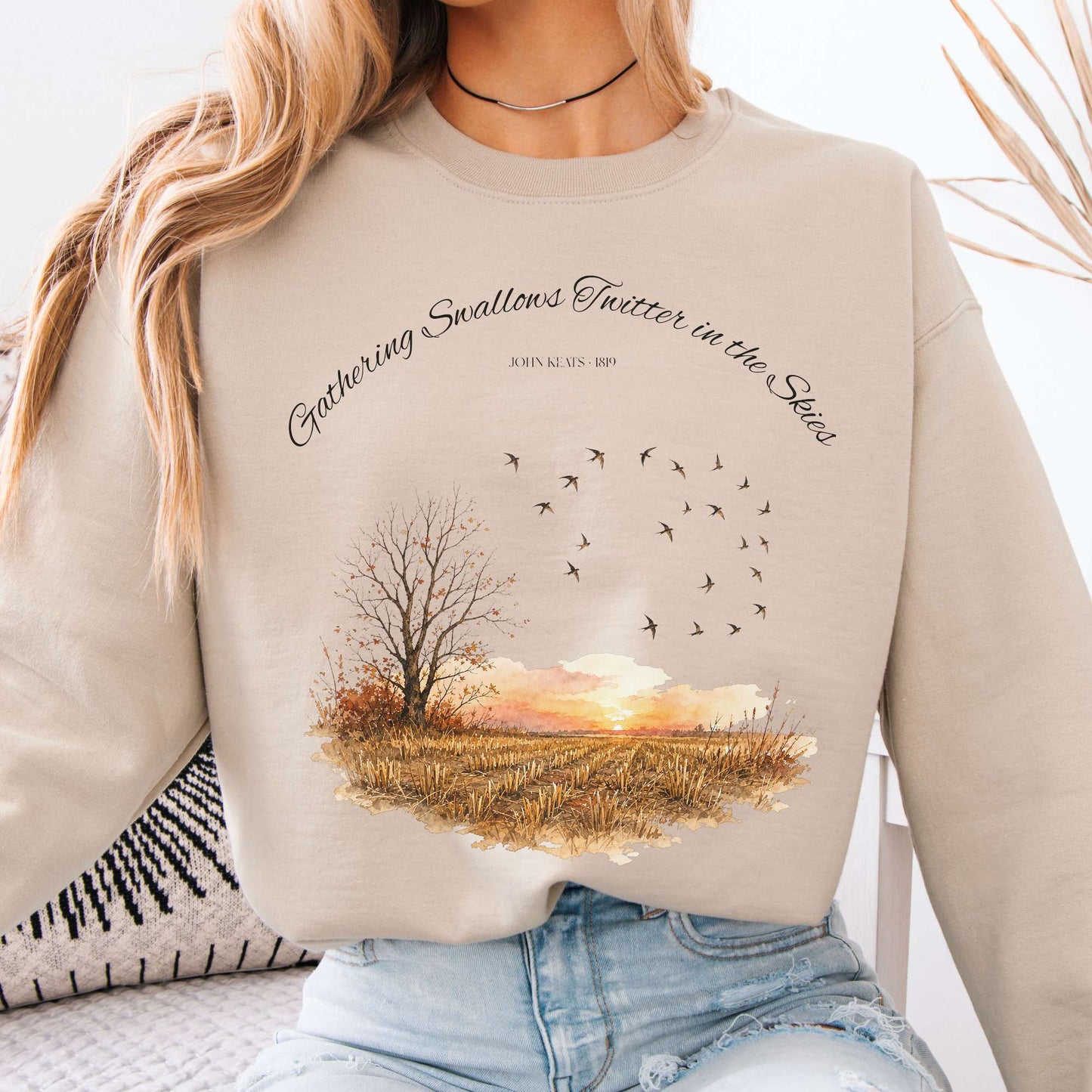 Sweatshirt Sand / S Gathering Swallows Twitter in the Skies John Keats Literary Crewneck Sweatshirt The Mystic Eden
