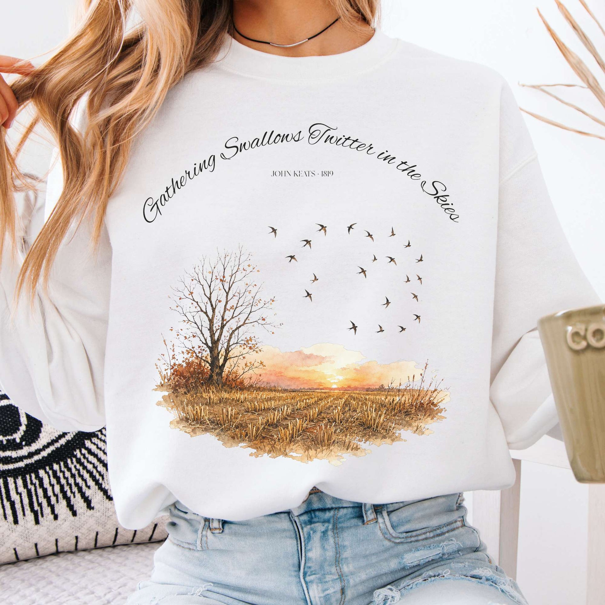 Sweatshirt White / S Gathering Swallows Twitter in the Skies John Keats Literary Crewneck Sweatshirt The Mystic Eden