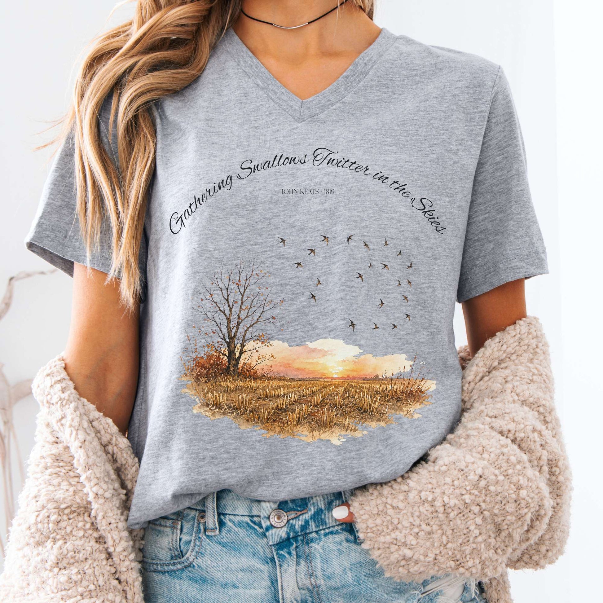 V-neck Athletic Heather / S Gathering Swallows Twitter in the Skies John Keats Literary V-Neck The Mystic Eden