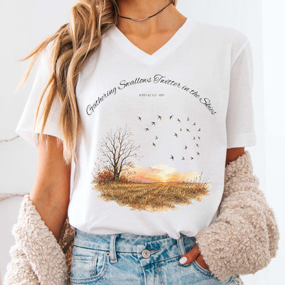 V-neck White / S Gathering Swallows Twitter in the Skies John Keats Literary V-Neck The Mystic Eden