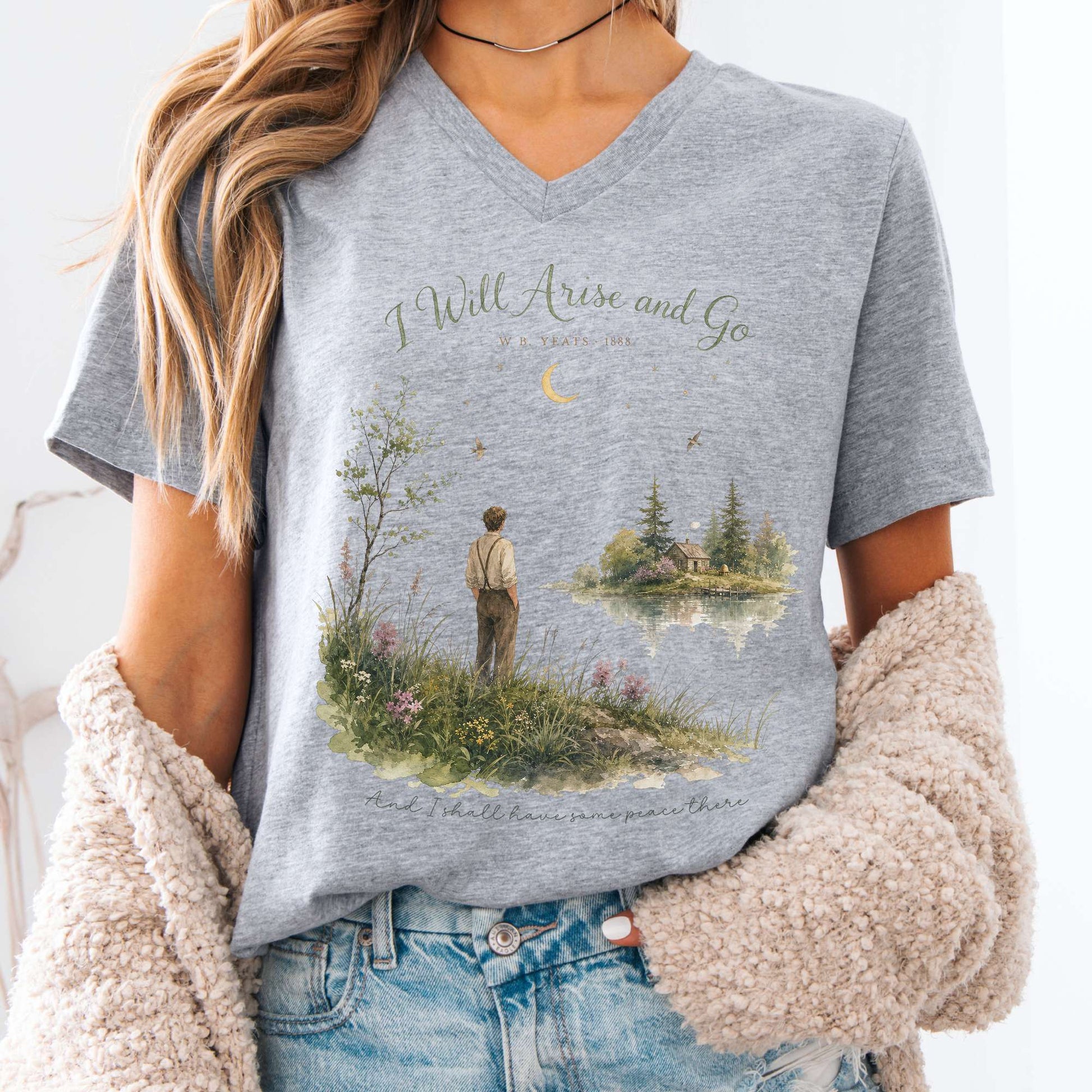 V-neck Athletic Heather / S I Will Arise and Go Yeats Literary V-Neck The Mystic Eden