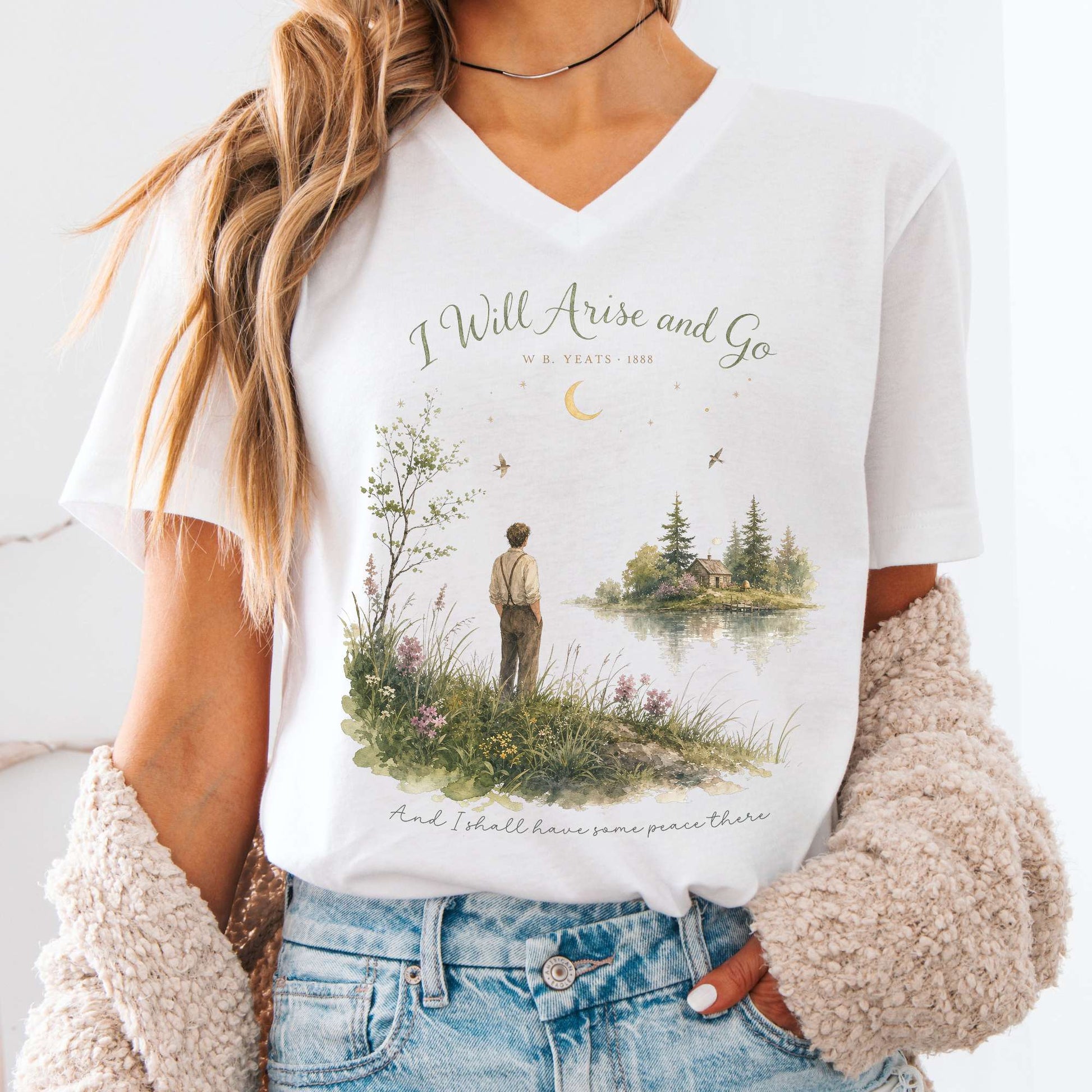 V-neck White / S I Will Arise and Go Yeats Literary V-Neck The Mystic Eden