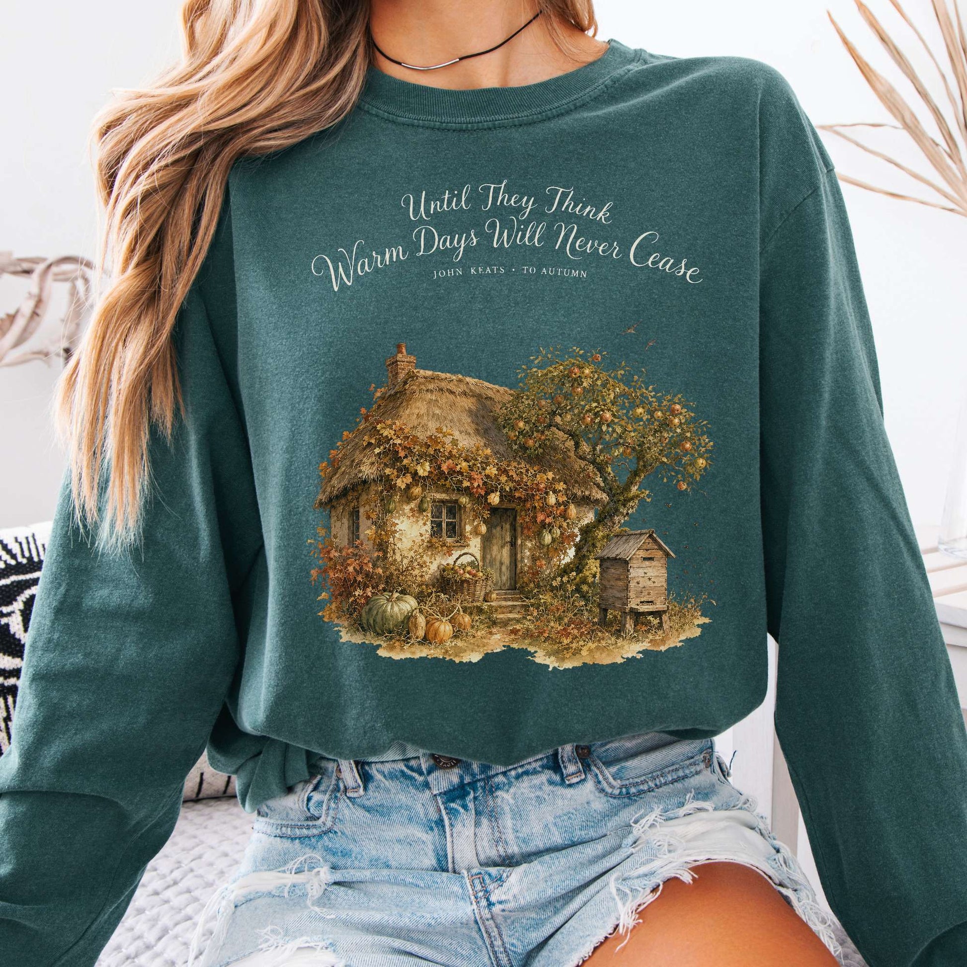 Long-sleeve Blue Spruce / S Warm Days Will Never Cease Keats To Autumn Literary Long Sleeve The Mystic Eden