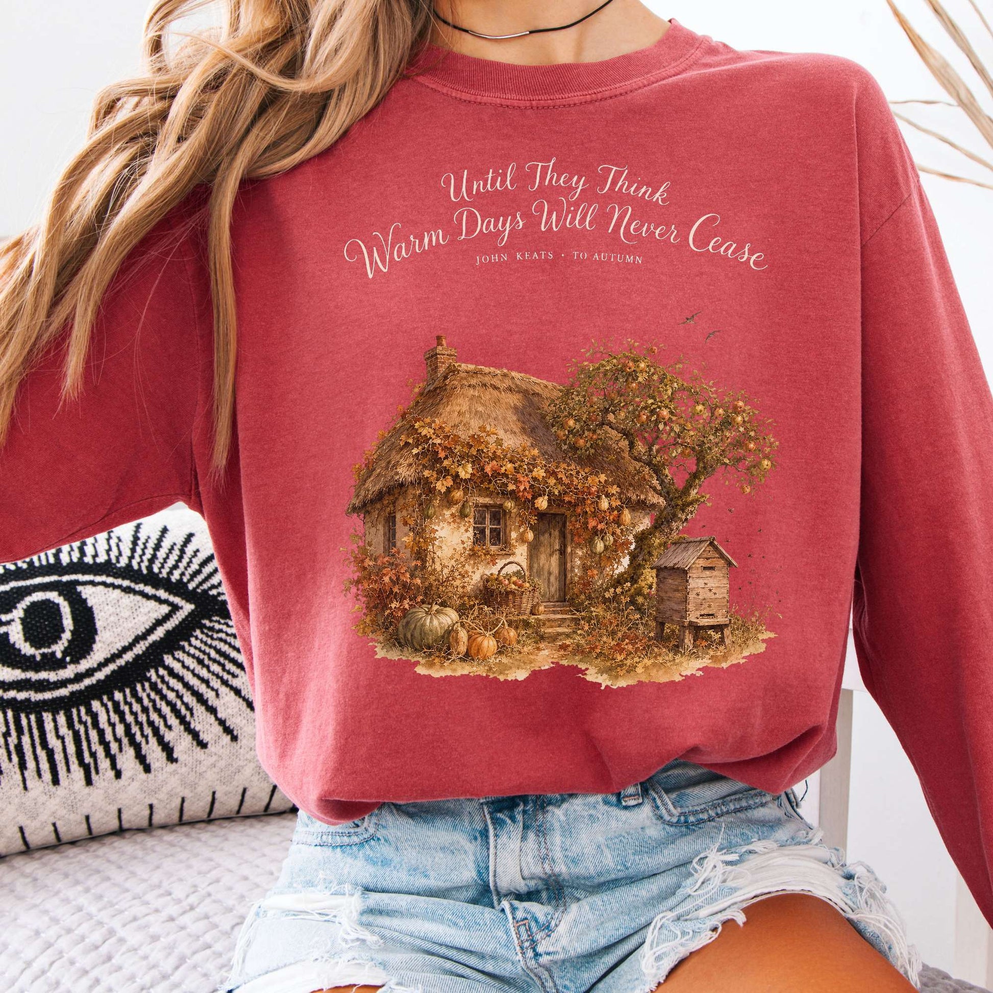 Long-sleeve Crimson / S Warm Days Will Never Cease Keats To Autumn Literary Long Sleeve The Mystic Eden