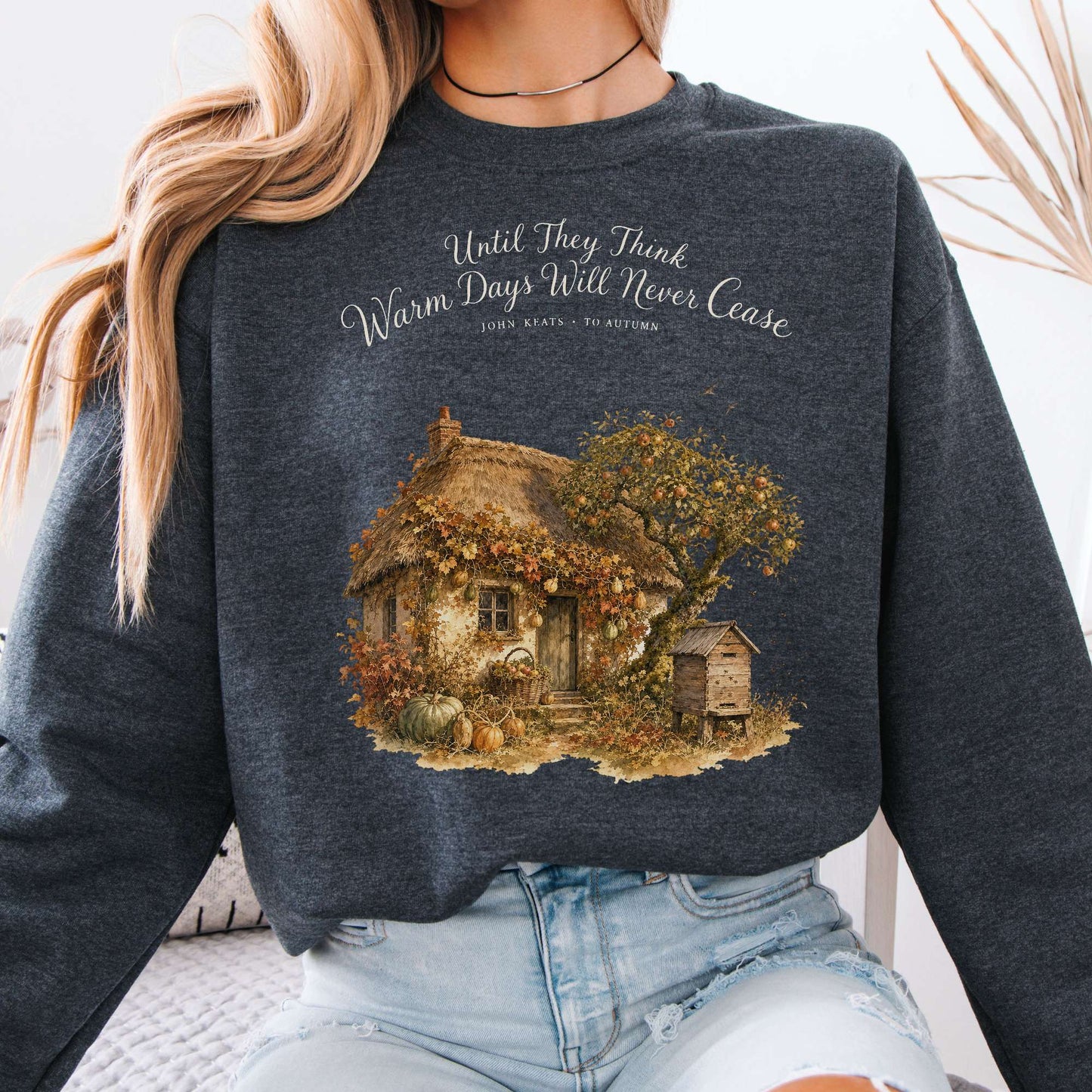 Sweatshirt Dark Heather / S Warm Days Will Never Cease Keats To Autumn Literary Crewneck Sweatshirt The Mystic Eden