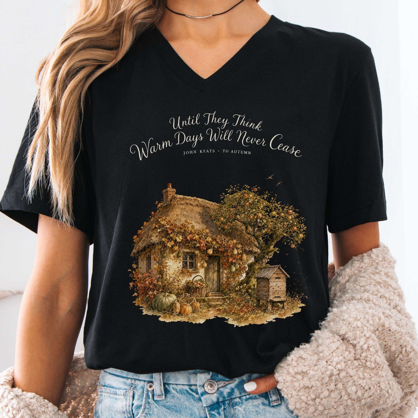 V-neck Black / S Warm Days Will Never Cease Keats To Autumn Literary V-Neck The Mystic Eden