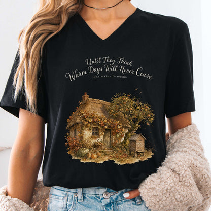 V-neck Black / S Warm Days Will Never Cease Keats To Autumn Literary V-Neck The Mystic Eden