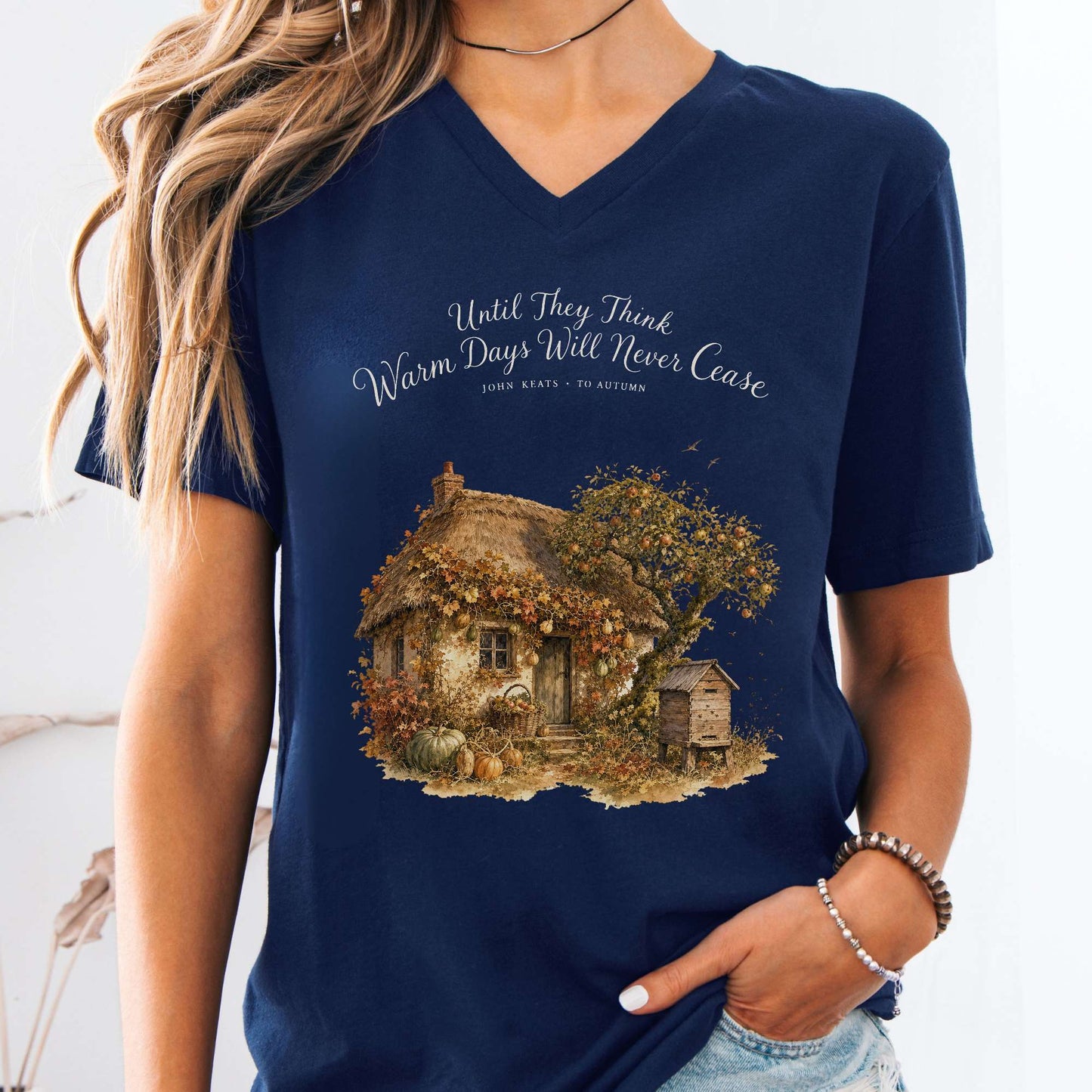 V-neck Navy / S Warm Days Will Never Cease Keats To Autumn Literary V-Neck The Mystic Eden