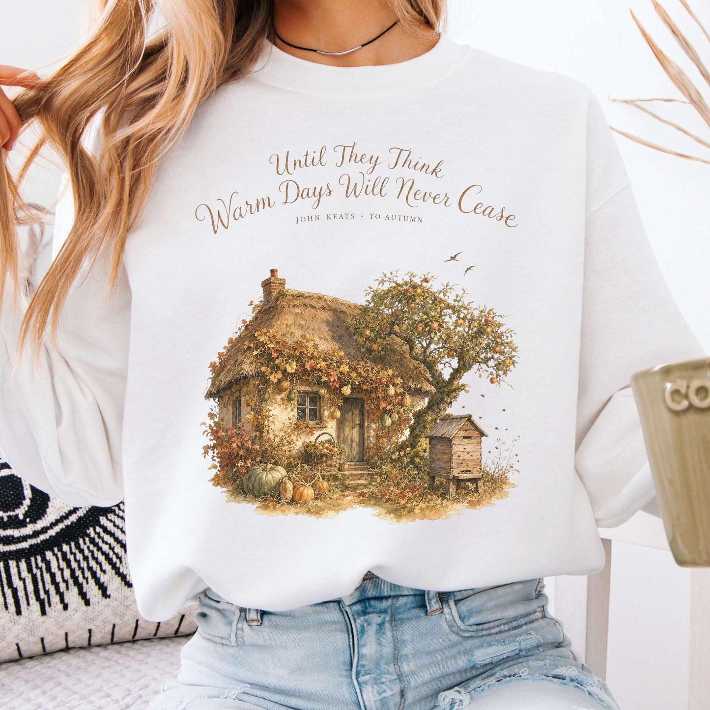 Sweatshirt White / S Warm Days Will Never Cease Keats To Autumn Literary Crewneck Sweatshirt The Mystic Eden
