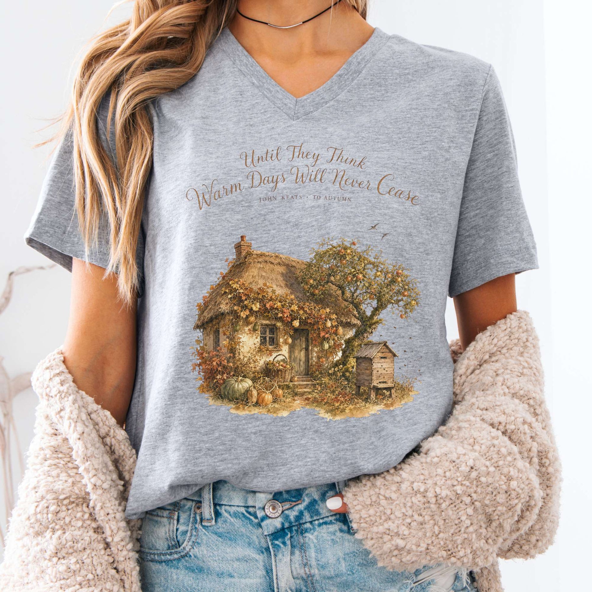 V-neck Athletic Heather / S Warm Days Will Never Cease Keats To Autumn Literary V-Neck The Mystic Eden