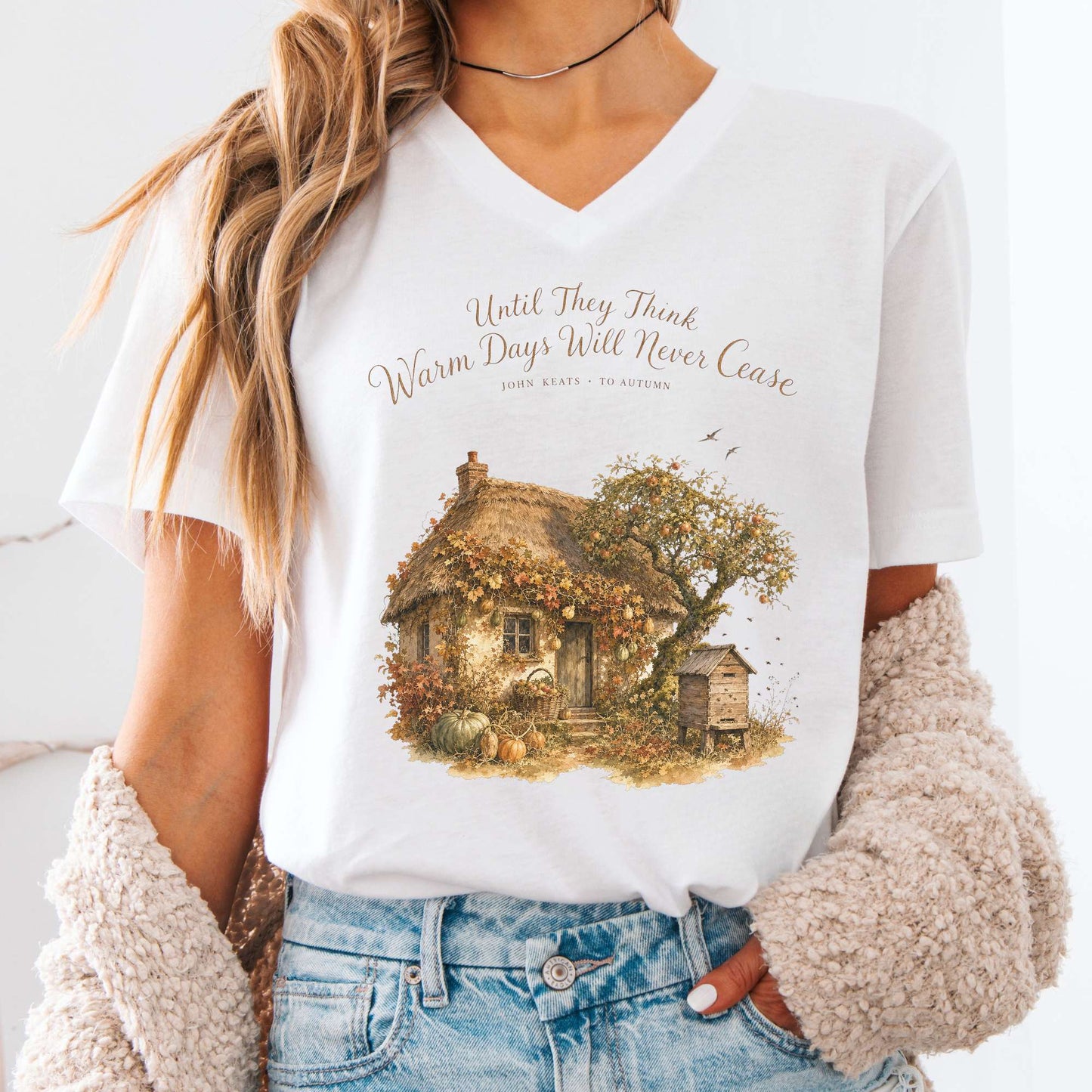V-neck White / S Warm Days Will Never Cease Keats To Autumn Literary V-Neck The Mystic Eden