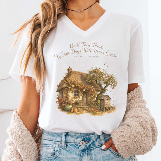 V-neck White / S Warm Days Will Never Cease Keats To Autumn Literary V-Neck The Mystic Eden