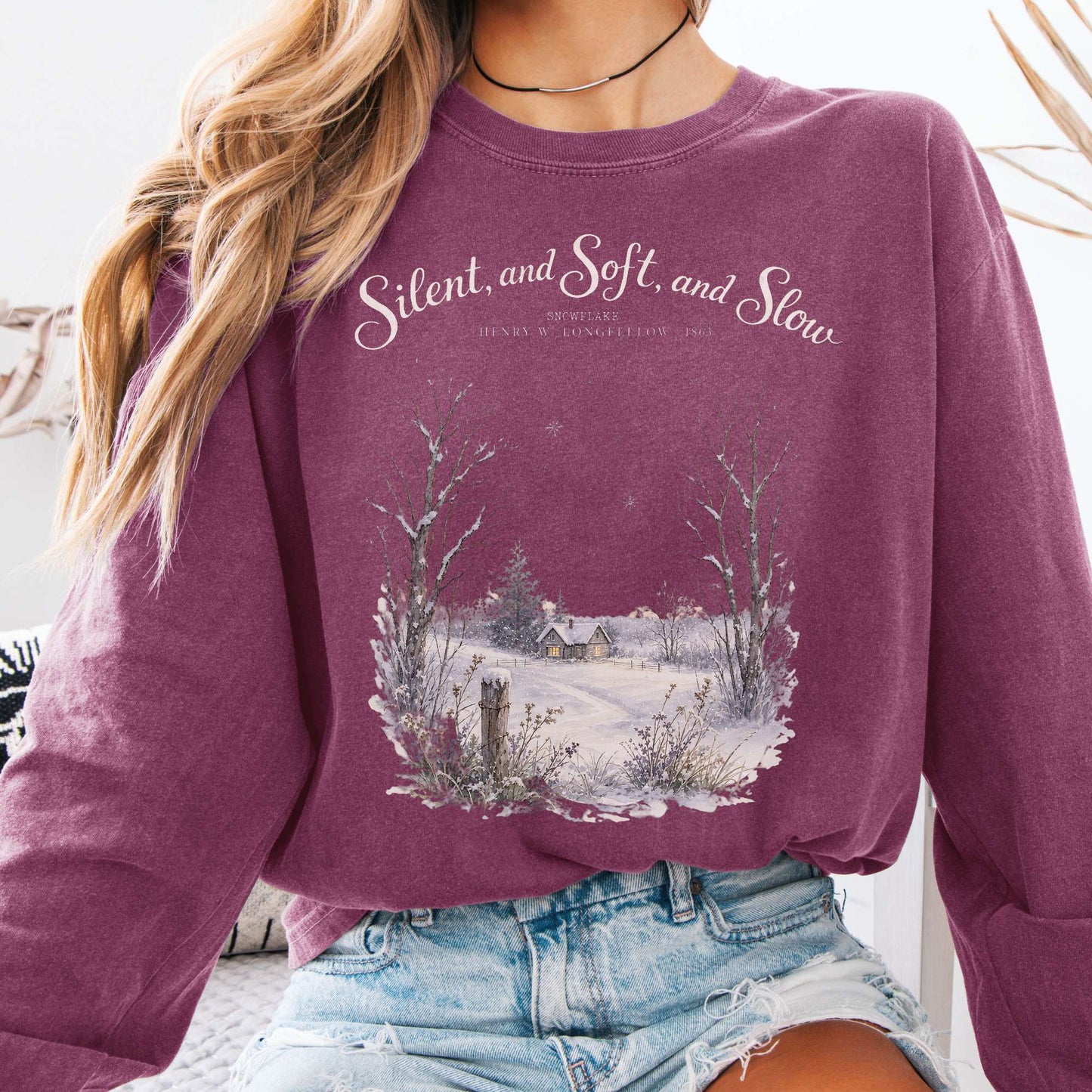 Long-sleeve Berry / S Silent and Soft, and Slow Henry Wadsworth Longfellow Literary Long Sleeve The Mystic Eden