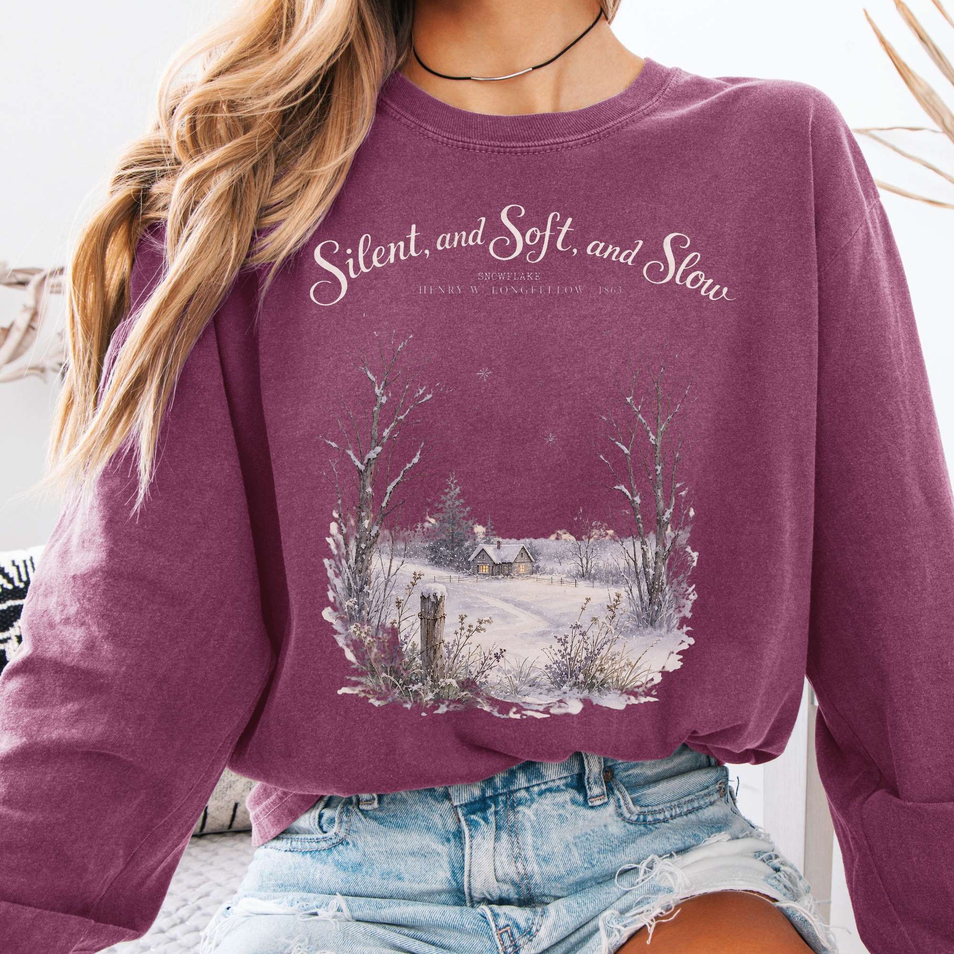 Long-sleeve Berry / S Silent and Soft, and Slow Henry Wadsworth Longfellow Literary Long Sleeve The Mystic Eden