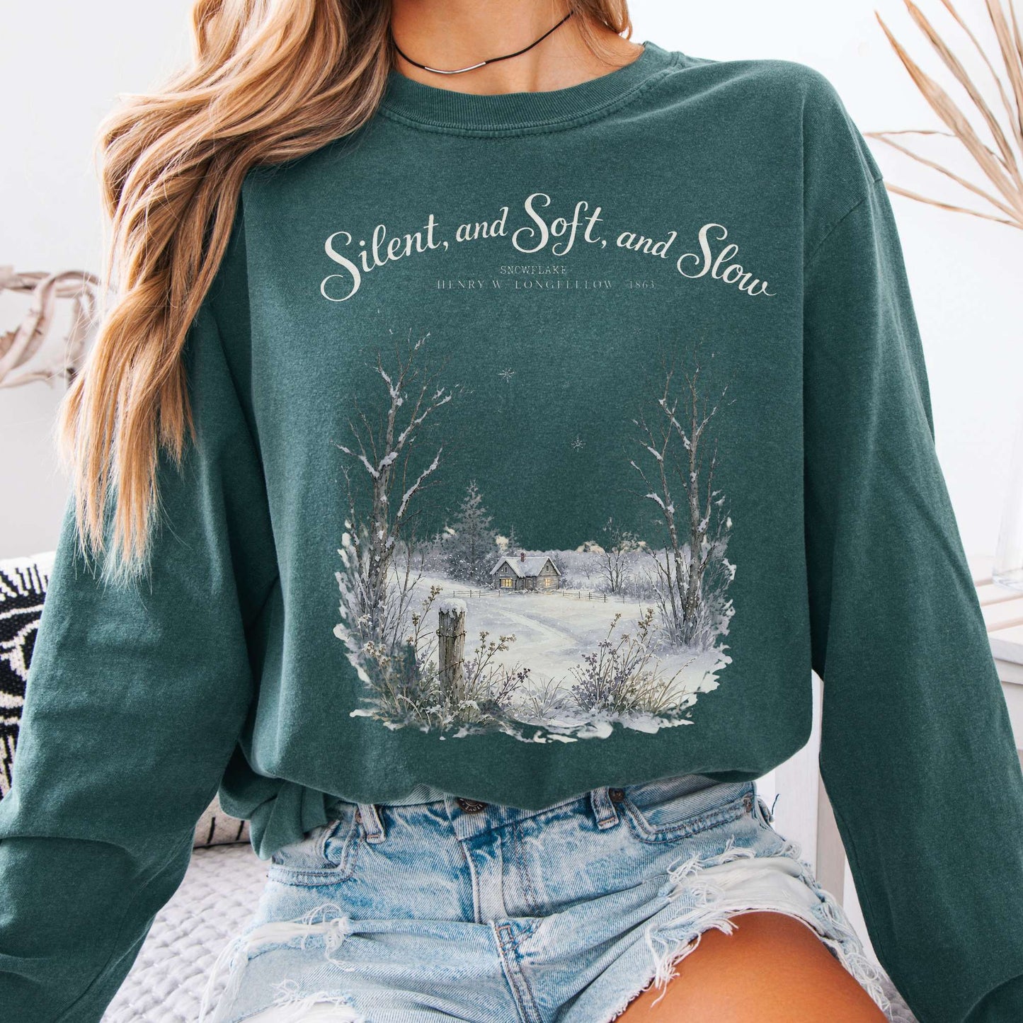 Long-sleeve Blue Spruce / S Silent and Soft, and Slow Henry Wadsworth Longfellow Literary Long Sleeve The Mystic Eden