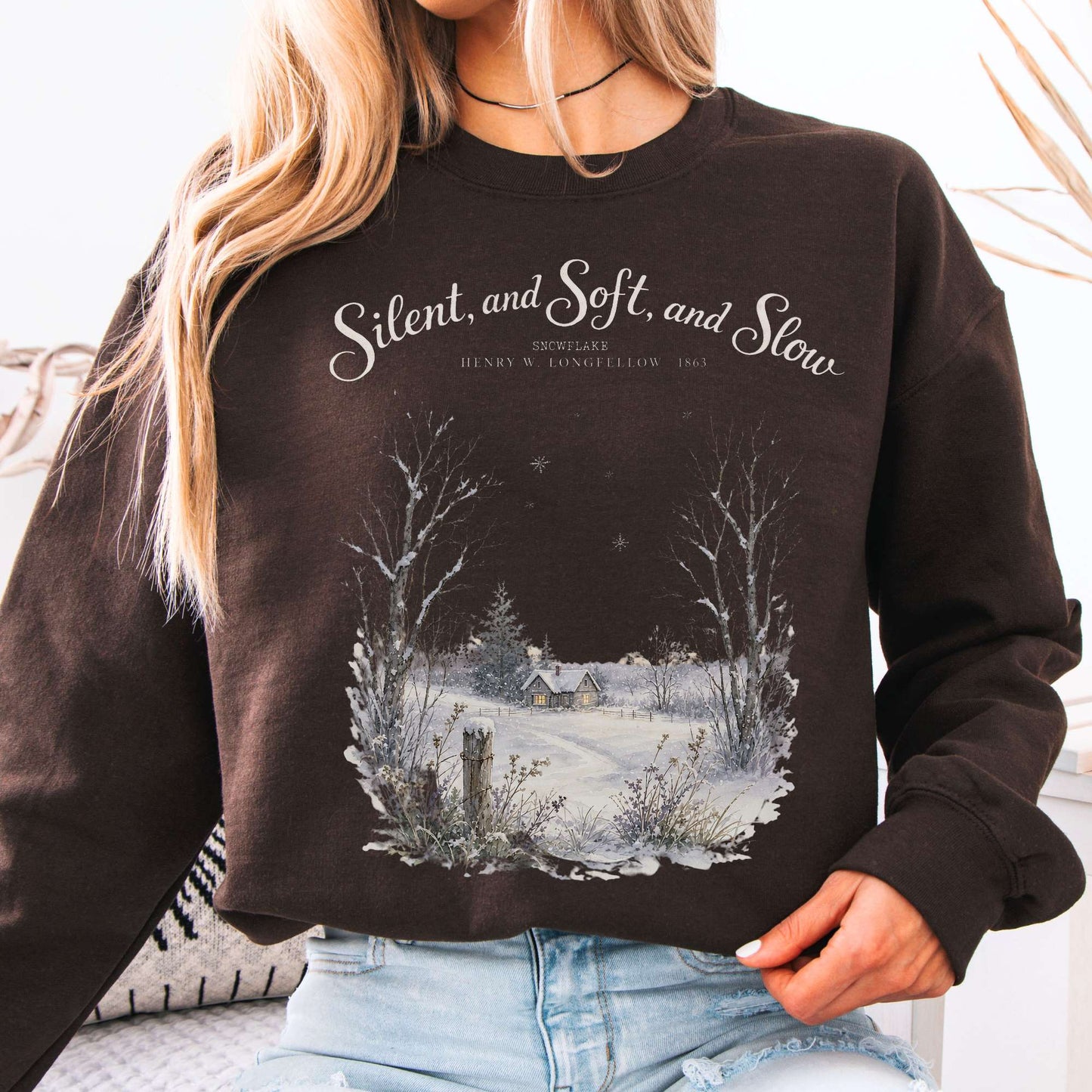 Dark Chocolate - Silent and Soft, and Slow Henry Wadsworth Longfellow Literary Crewneck Sweatshirt