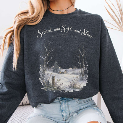 Dark Heather - Silent and Soft, and Slow Henry Wadsworth Longfellow Literary Crewneck Sweatshirt