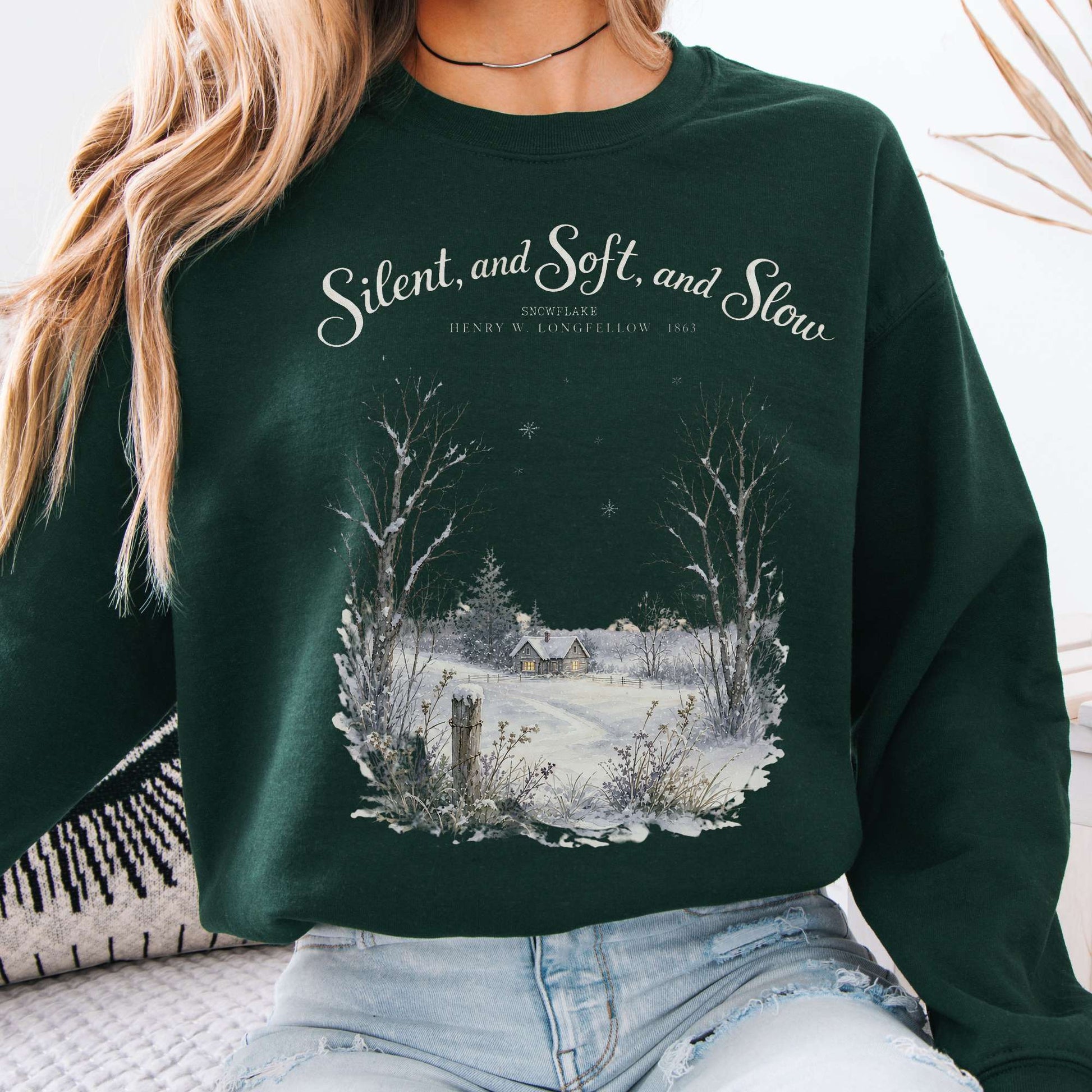 Forest Green - Silent and Soft, and Slow Henry Wadsworth Longfellow Literary Crewneck Sweatshirt