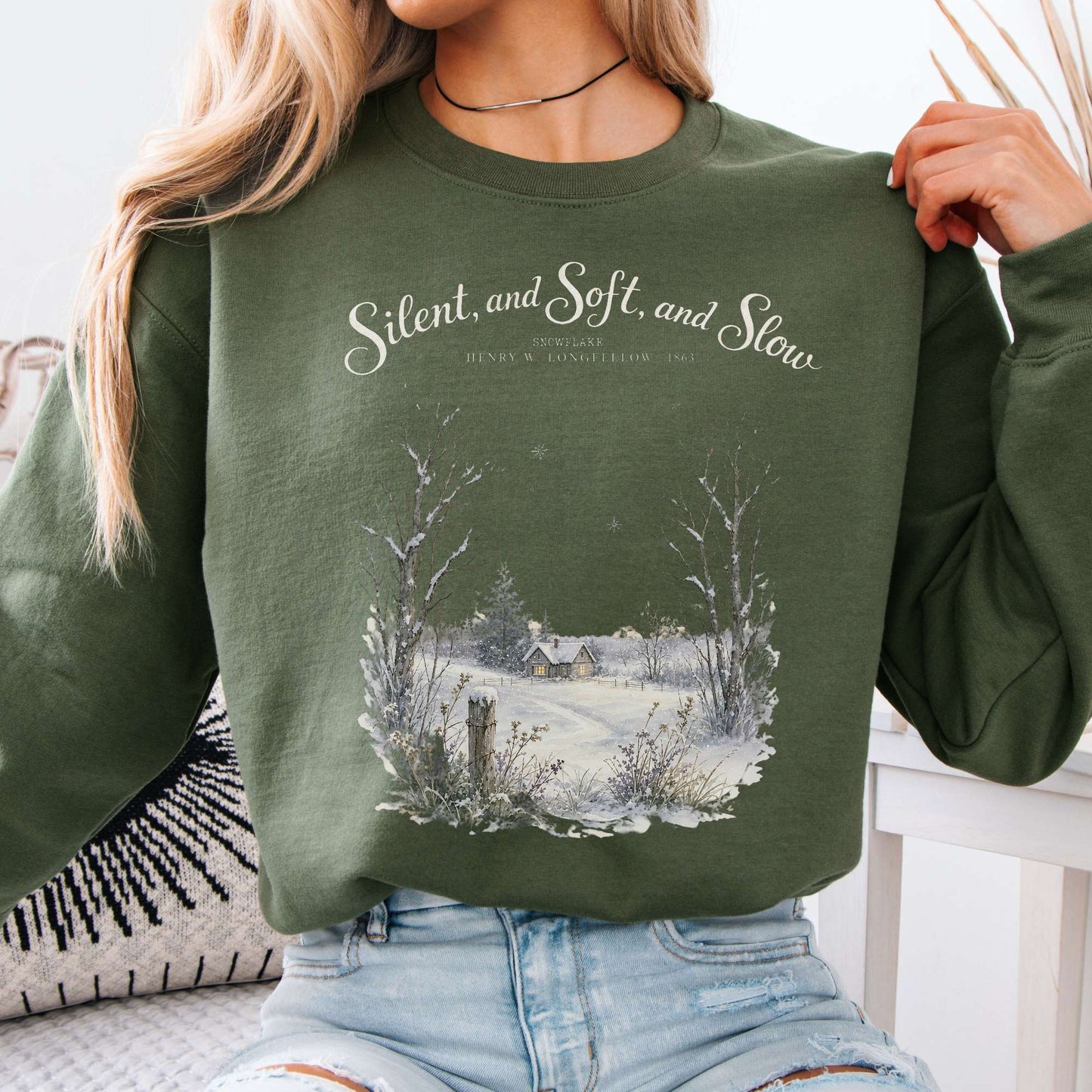 Military Green - Silent and Soft, and Slow Henry Wadsworth Longfellow Literary Crewneck Sweatshirt