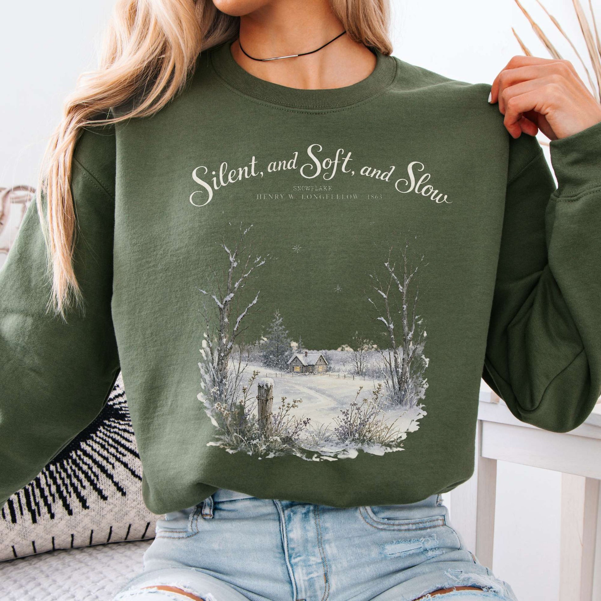 Military Green - Silent and Soft, and Slow Henry Wadsworth Longfellow Literary Crewneck Sweatshirt