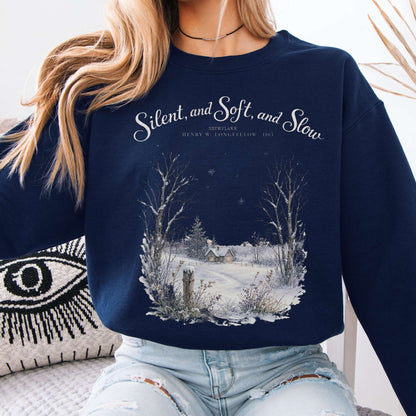 Navy - Silent and Soft, and Slow Henry Wadsworth Longfellow Literary Crewneck Sweatshirt