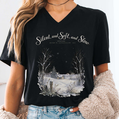 V-neck Black / S Silent and Soft, and Slow Henry Wadsworth Longfellow Literary V-Neck The Mystic Eden