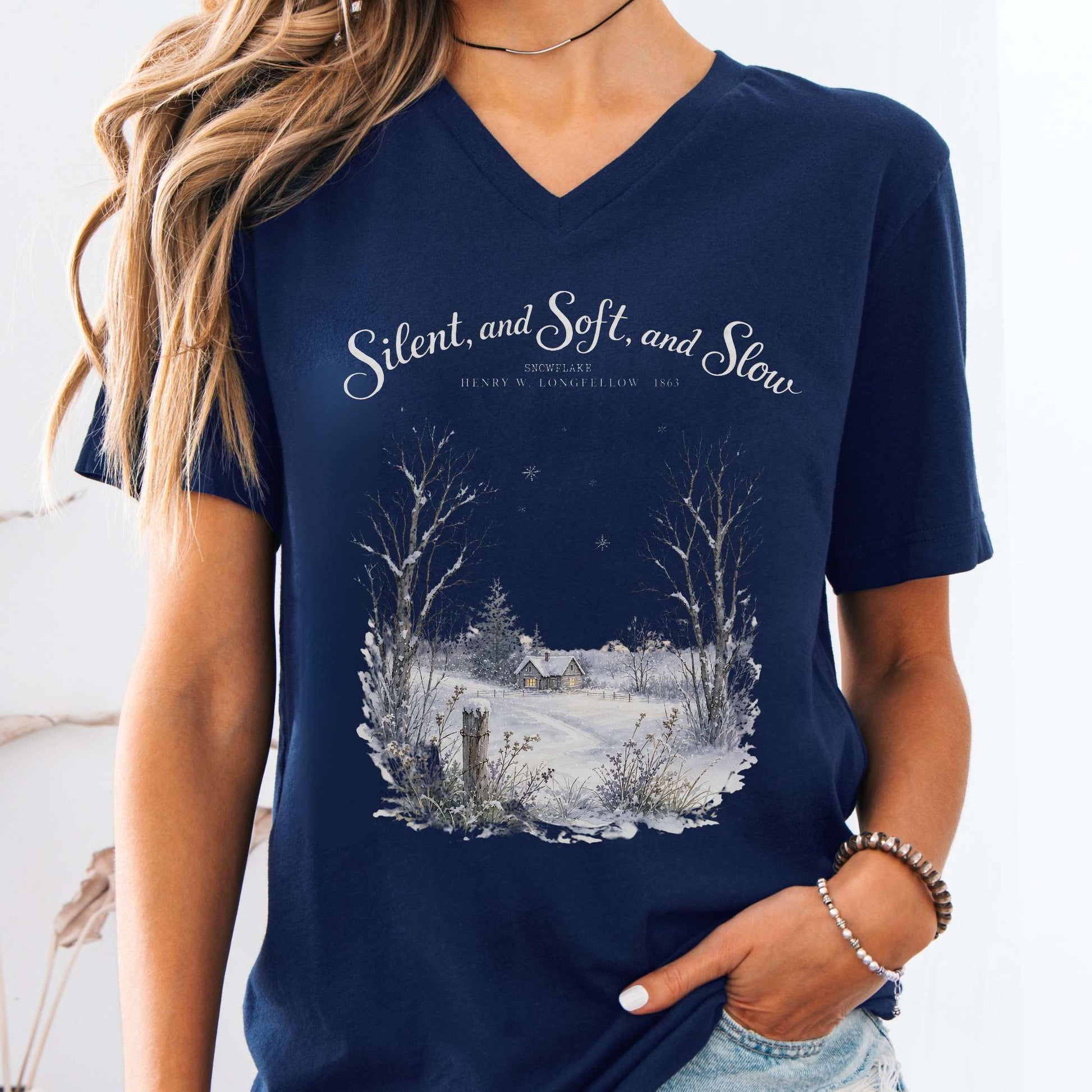 V-neck Navy / S Silent and Soft, and Slow Henry Wadsworth Longfellow Literary V-Neck The Mystic Eden