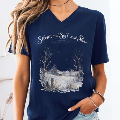 V-neck Navy / S Silent and Soft, and Slow Henry Wadsworth Longfellow Literary V-Neck The Mystic Eden