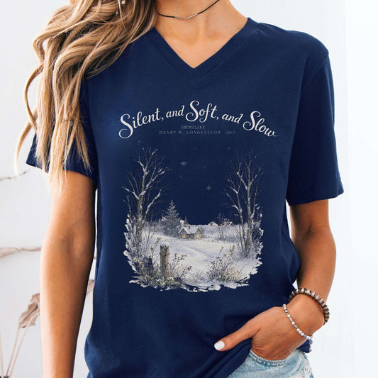 V-neck Navy / S Silent and Soft, and Slow Henry Wadsworth Longfellow Literary V-Neck The Mystic Eden