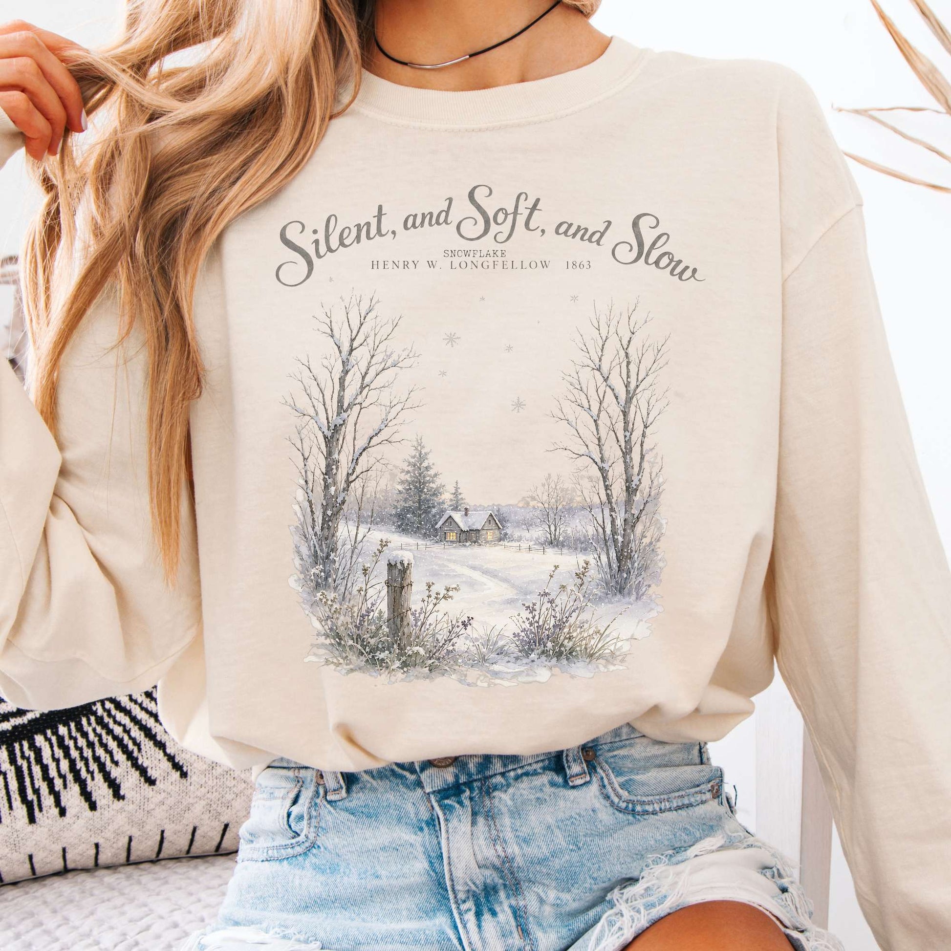 Long-sleeve Ivory / S Silent and Soft, and Slow Henry Wadsworth Longfellow Literary Long Sleeve The Mystic Eden
