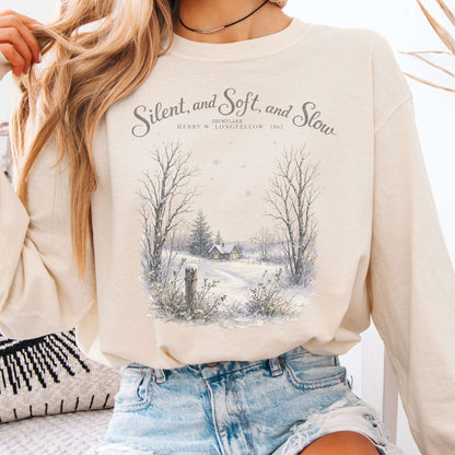 Long-sleeve Ivory / S Silent and Soft, and Slow Henry Wadsworth Longfellow Literary Long Sleeve The Mystic Eden