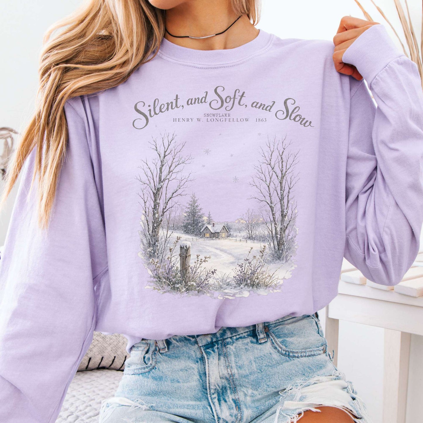 Long-sleeve Orchid / S Silent and Soft, and Slow Henry Wadsworth Longfellow Literary Long Sleeve The Mystic Eden