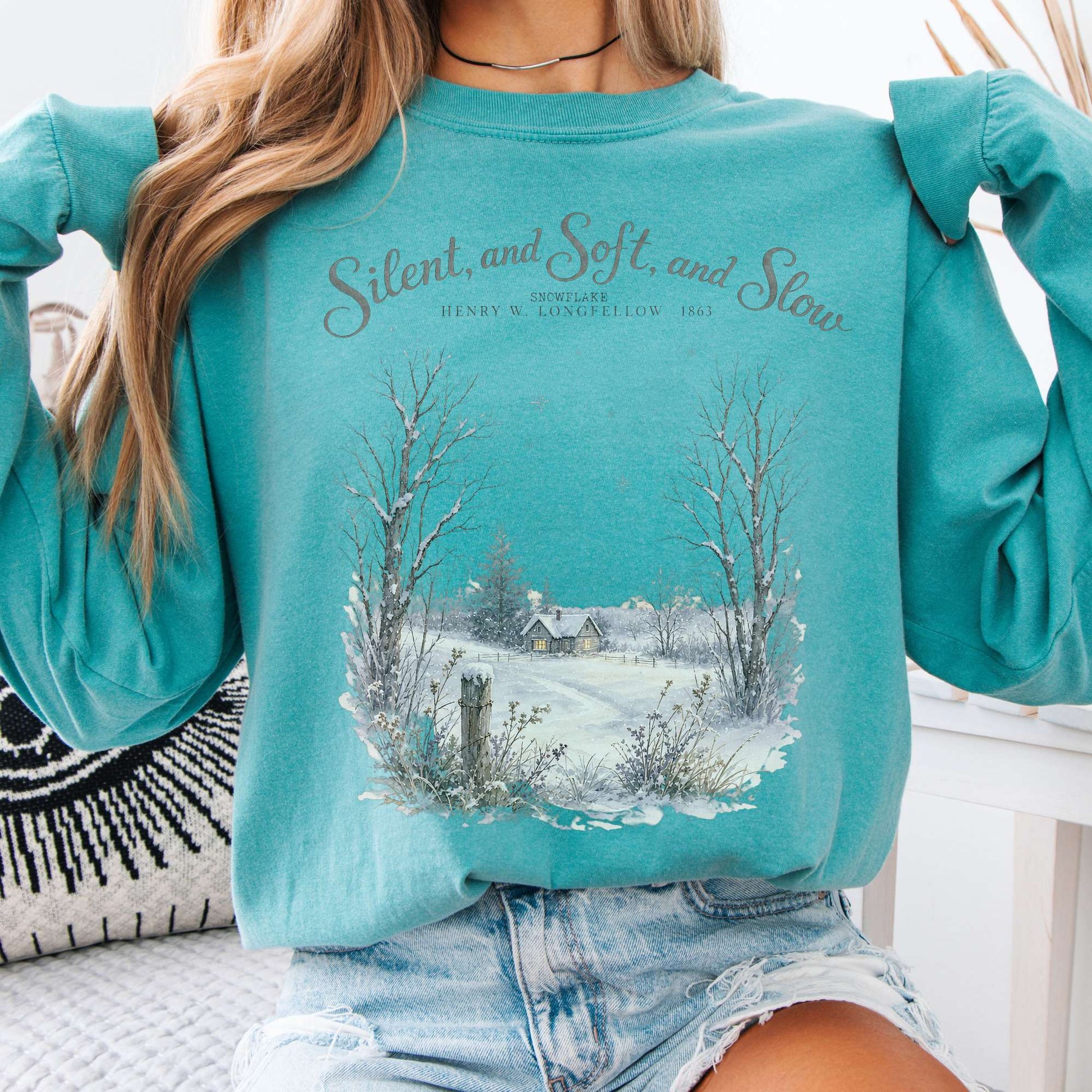 Long-sleeve Seafoam / S Silent and Soft, and Slow Henry Wadsworth Longfellow Literary Long Sleeve The Mystic Eden