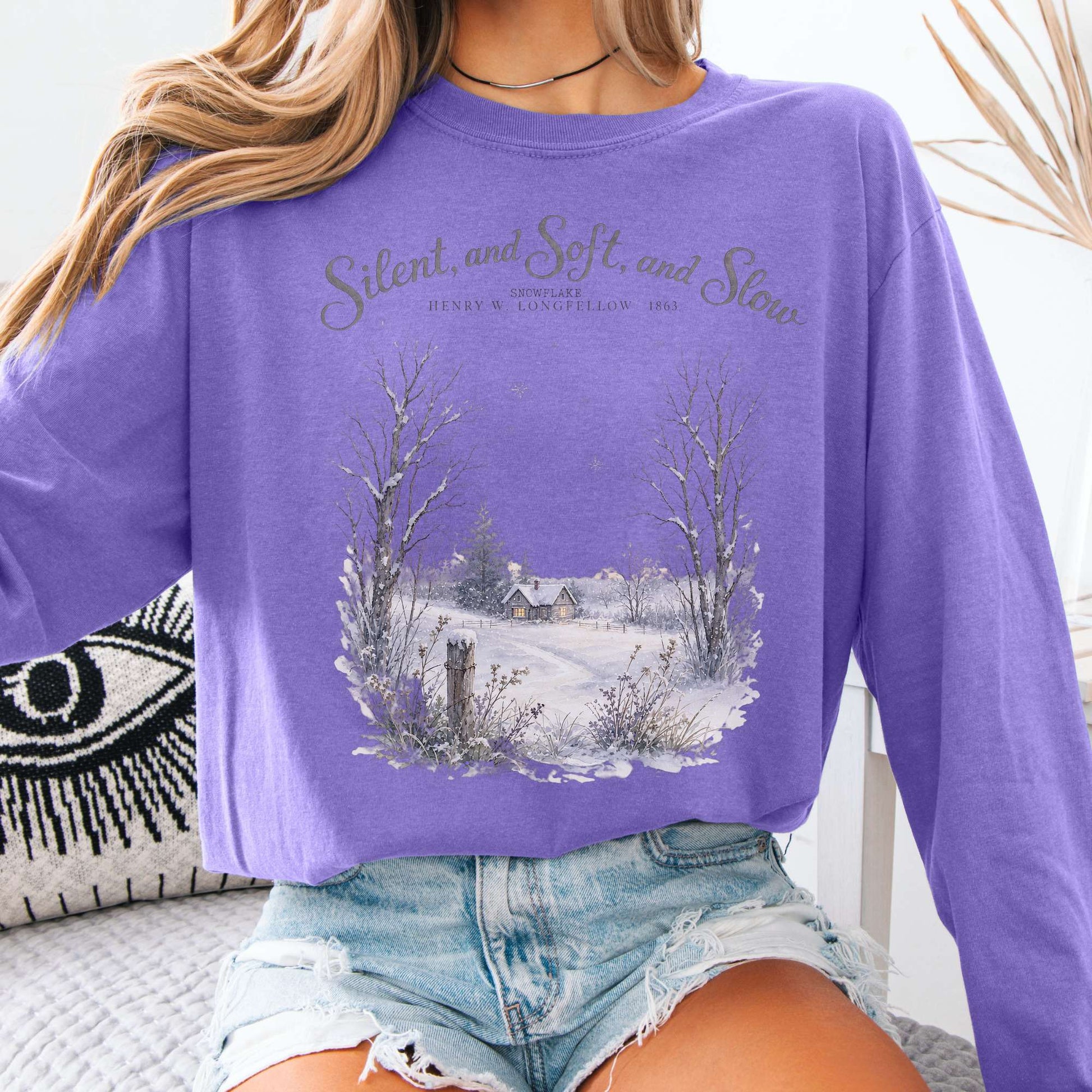 Long-sleeve Violet / S Silent and Soft, and Slow Henry Wadsworth Longfellow Literary Long Sleeve The Mystic Eden