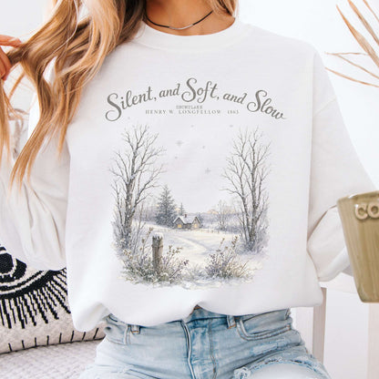 White - Silent and Soft, and Slow Henry Wadsworth Longfellow Literary Crewneck Sweatshirt
