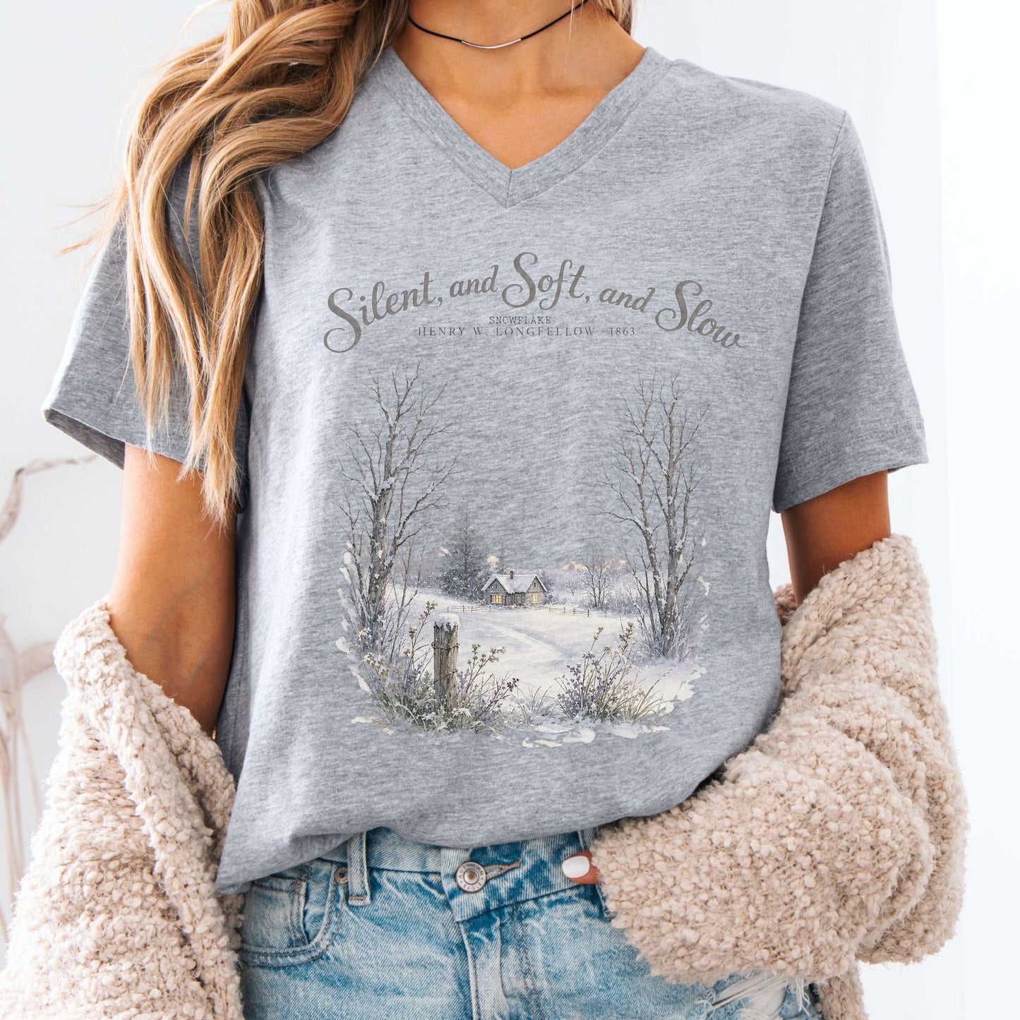 V-neck Athletic Heather / S Silent and Soft, and Slow Henry Wadsworth Longfellow Literary V-Neck The Mystic Eden