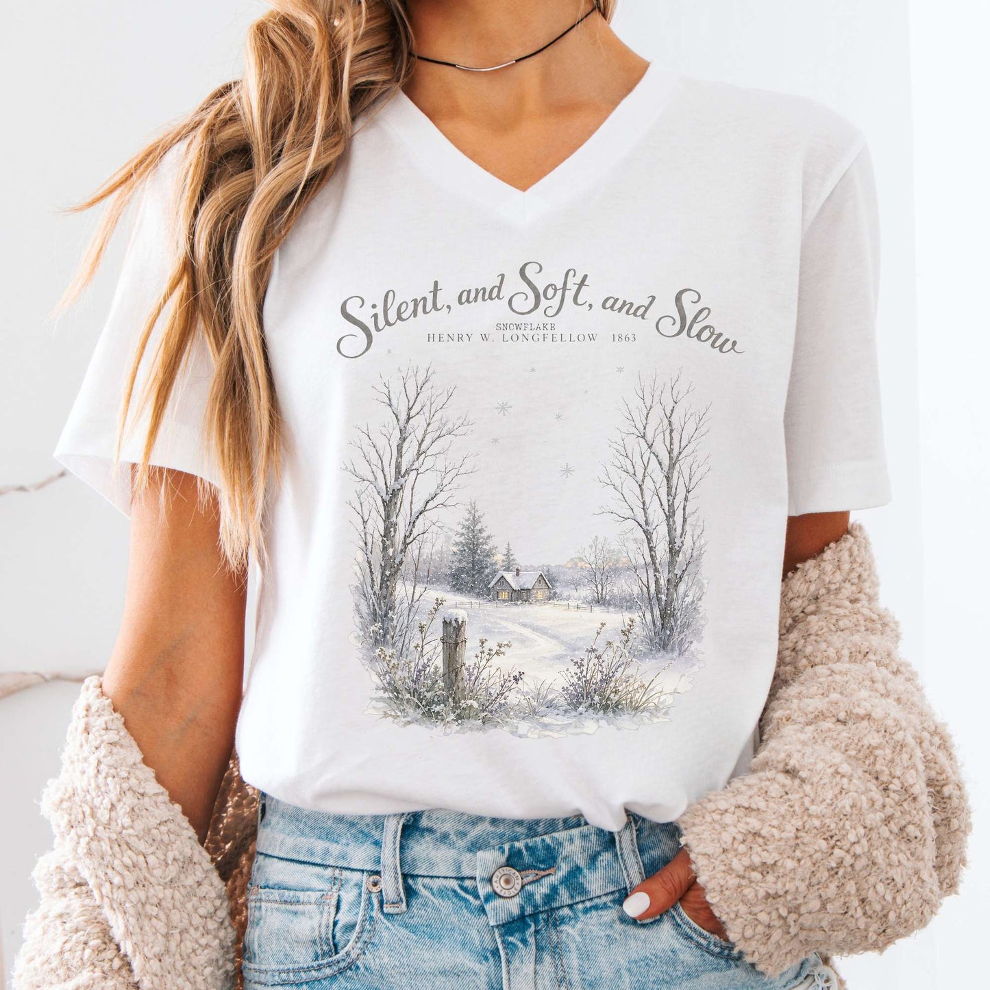 V-neck White / S Silent and Soft, and Slow Henry Wadsworth Longfellow Literary V-Neck The Mystic Eden
