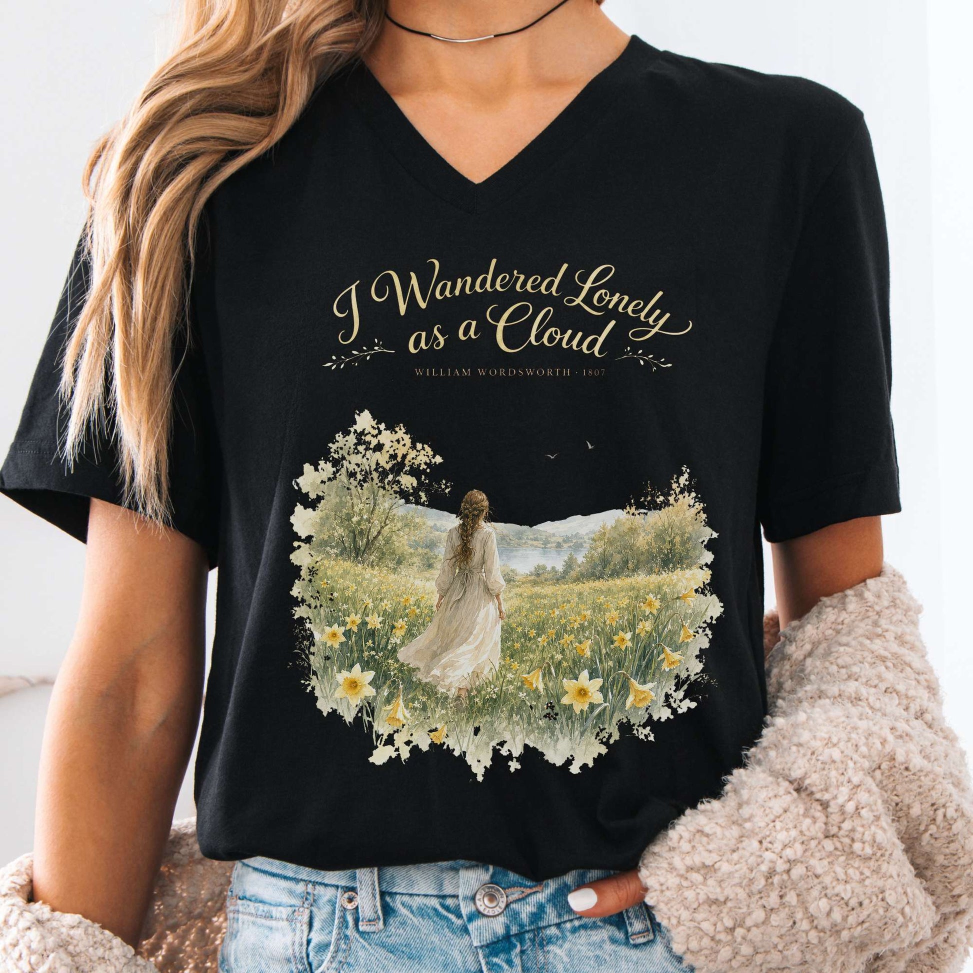 V-neck Black / S I Wandered Lonely as a Cloud Wordsworth Literary V-Neck The Mystic Eden