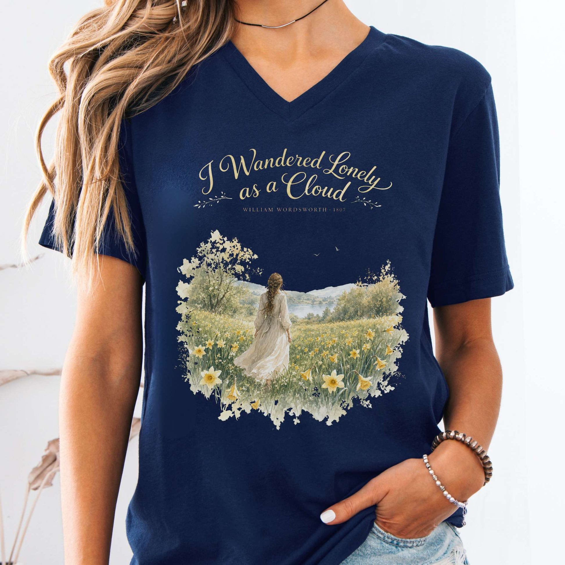V-neck Navy / S I Wandered Lonely as a Cloud Wordsworth Literary V-Neck The Mystic Eden