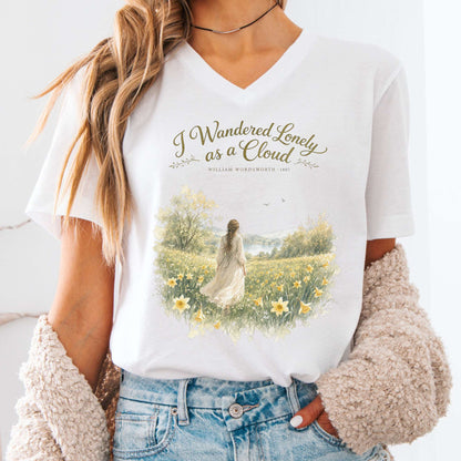 V-neck White / S I Wandered Lonely as a Cloud Wordsworth Literary V-Neck The Mystic Eden