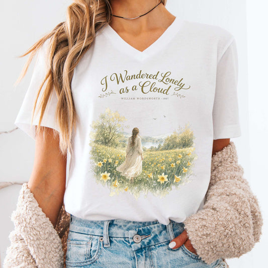V-neck White / S I Wandered Lonely as a Cloud Wordsworth Literary V-Neck The Mystic Eden