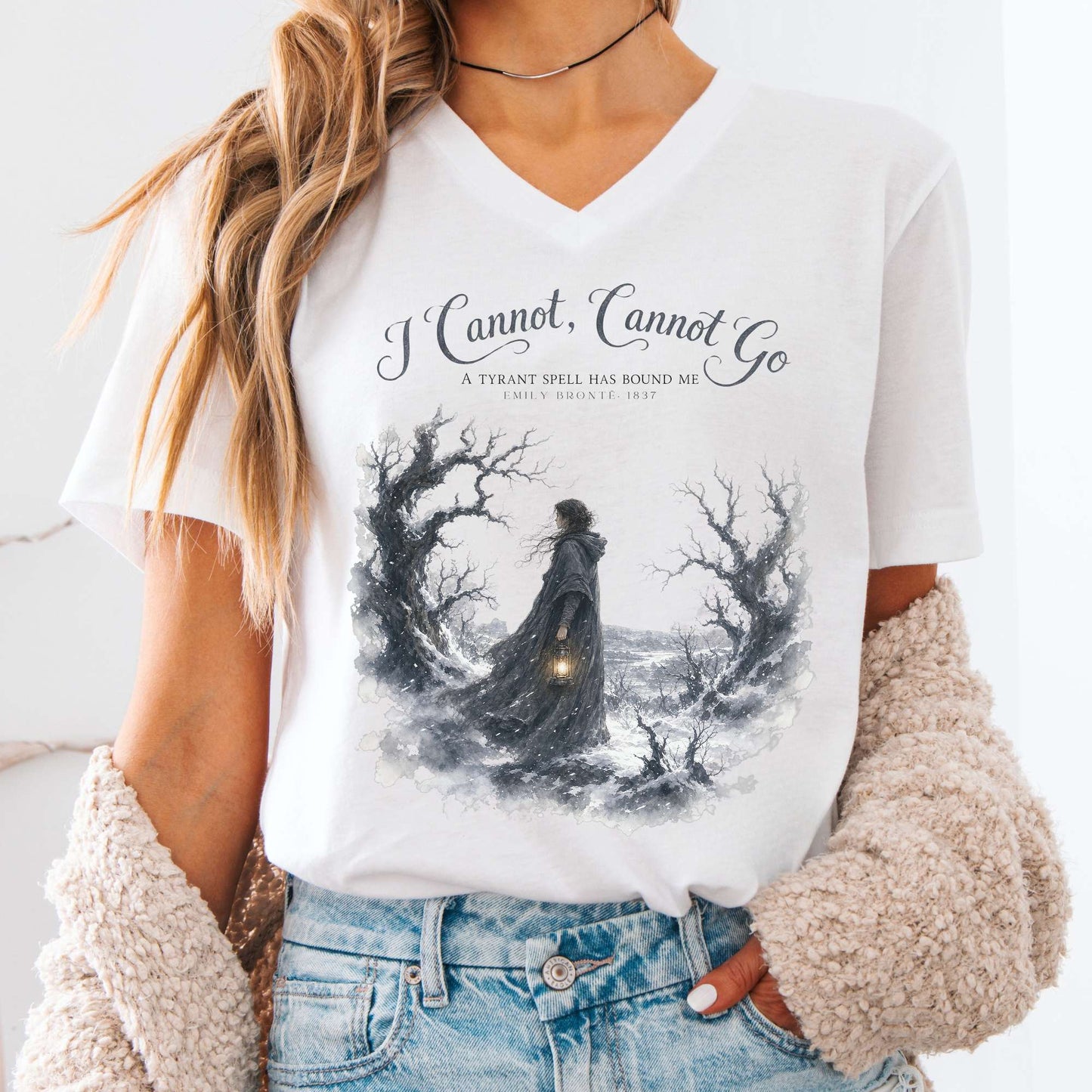 V-neck White / S I Cannot, Cannot Go Emily Brontë Literary V-Neck The Mystic Eden