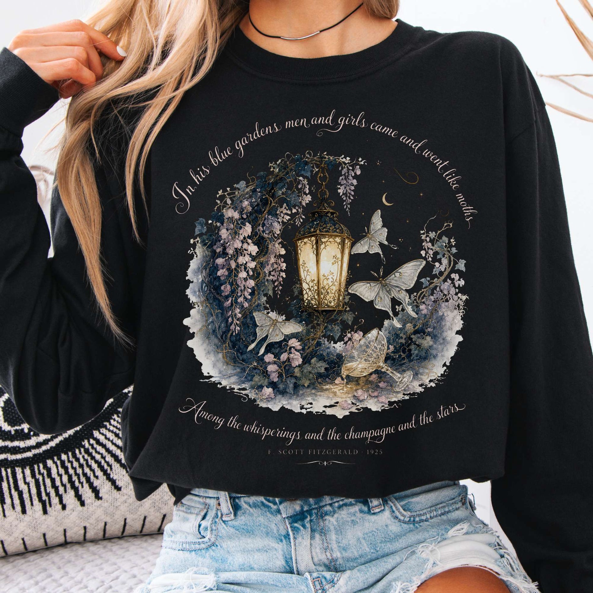 Long-sleeve Black / S In His Blue Gardens The Great Gatsby Literary Long Sleeve The Mystic Eden